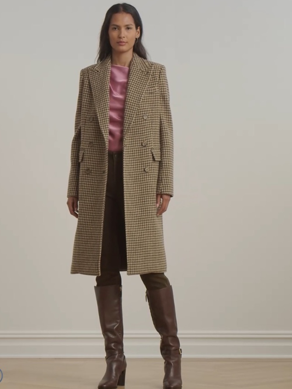 Lauren Ralph Lauren Double Breasted Houndstooth Brown Coat NWT